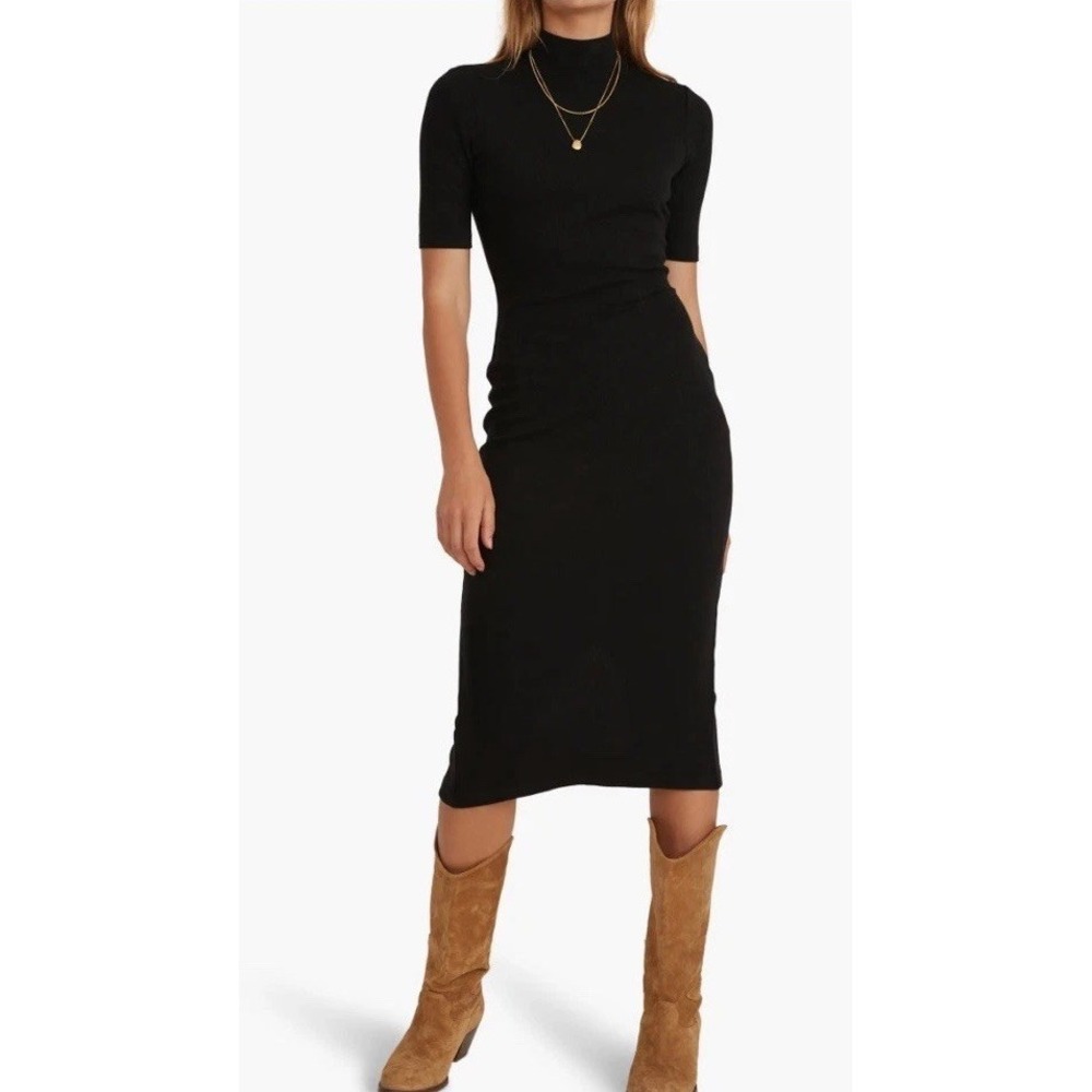 Marine Layer Lexi Rib Mock Neck Midi Dress Black Large EUC Minimalist Clean Girl
